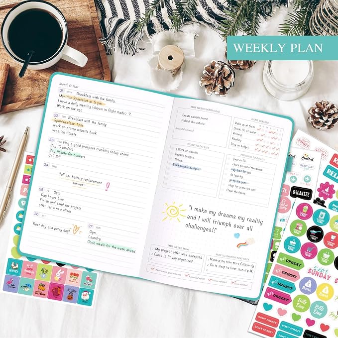 Life & Goal Planner – Undated Weekly & Monthly Planner to Increase Productivity, Purpose& Happiness and Hit Your Goals | Goal Setting, To Do List, Habit Tracker & Stickers, A5 – Turquoise